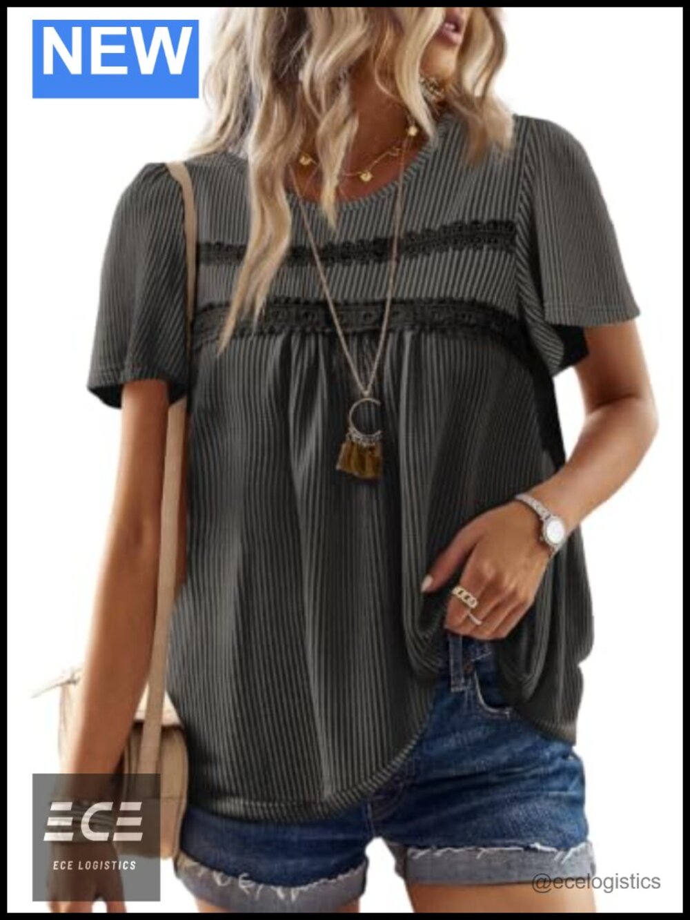 Womens Boho Ribbed Crochet Short Sleeve Tunic Top Loose Fit Summer Blouse